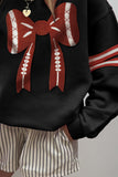 Black Varsity Baseball Bow Graphic Striped Sleeve Baggy Sweatshirt Aaria Tees