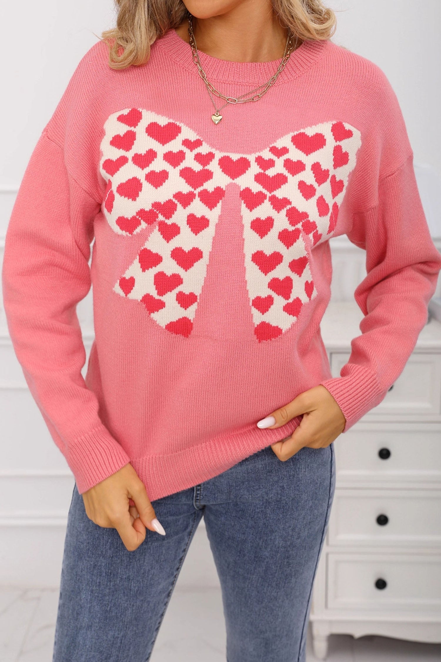 Dusty Pink Heart Bow Graphic Valentine Sweater - Aaria Tees Aaria Tees