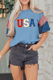 Beau Blue USA Chenille Lettering Stars and Stripes Patchwork Sleeve Top Aaria Tees