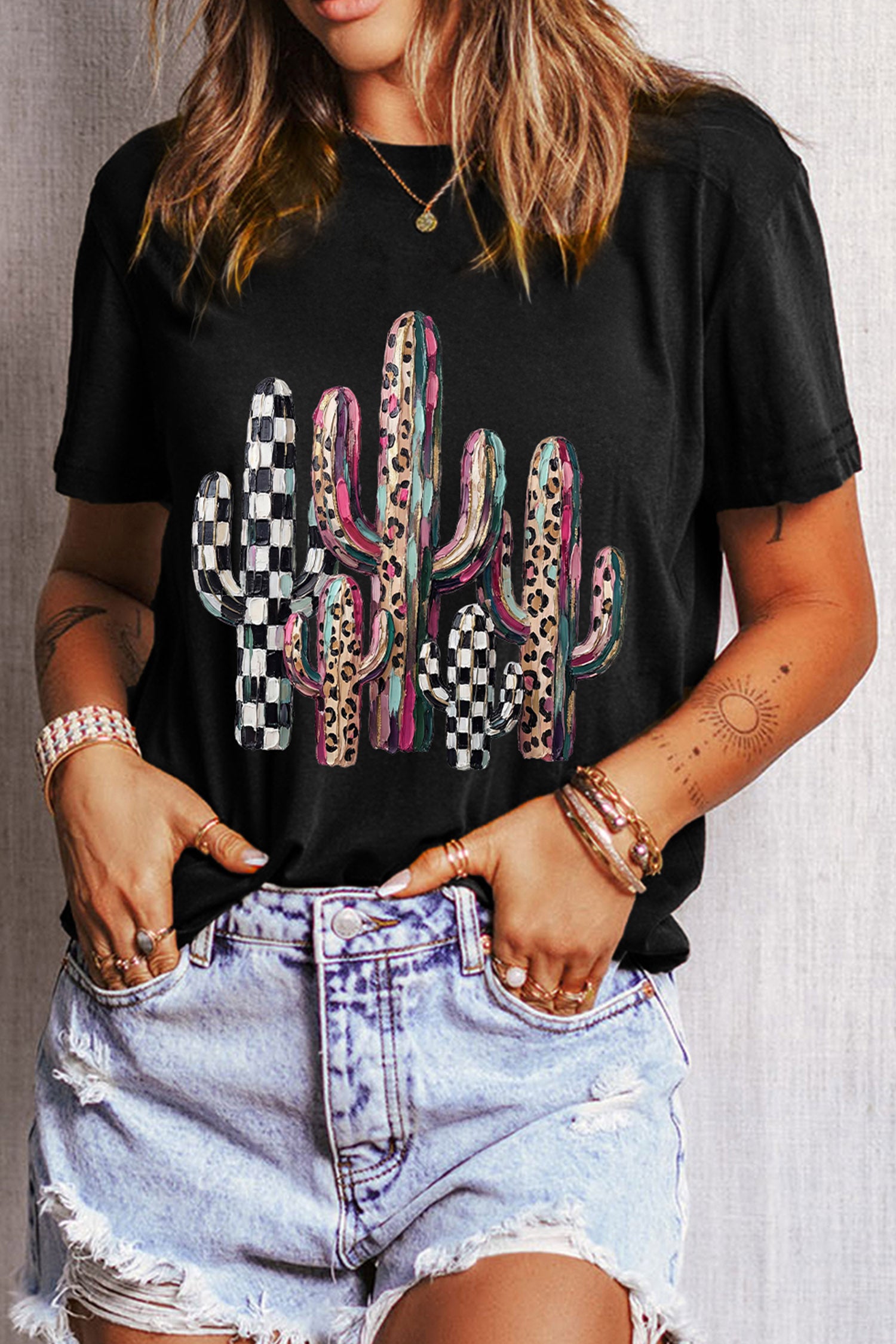 Black Mixed Pattern Cactus Graphic Print Relaxed T-Shirt - Aaria Tees Aaria Tees