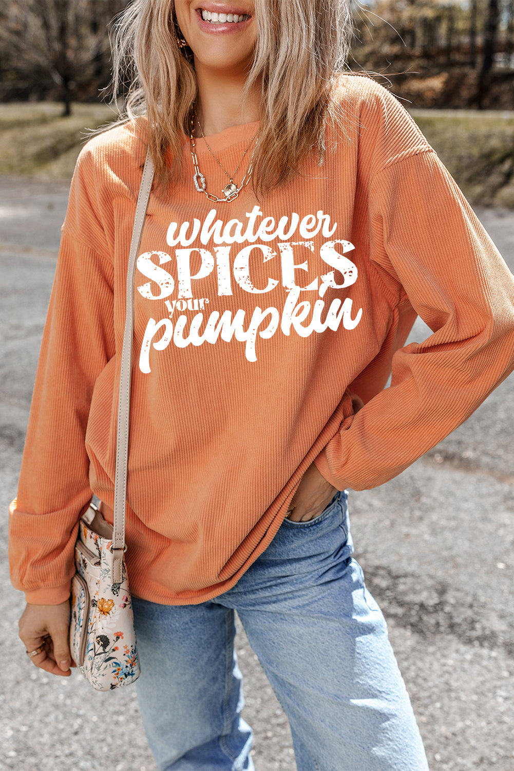 Orange Whatever Spices Your Pumpkin Graphic Corded Pullover Sweatshirt - Aaria Tees Aaria Tees