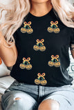 Black Sequin Pumpkin Cherry Graphic Round Neck Casual T Shirt Aaria Tees