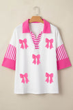 White Sequin Bow Pattern Striped Color Block Collar Half Sleeve Shift Top Aaria Tees