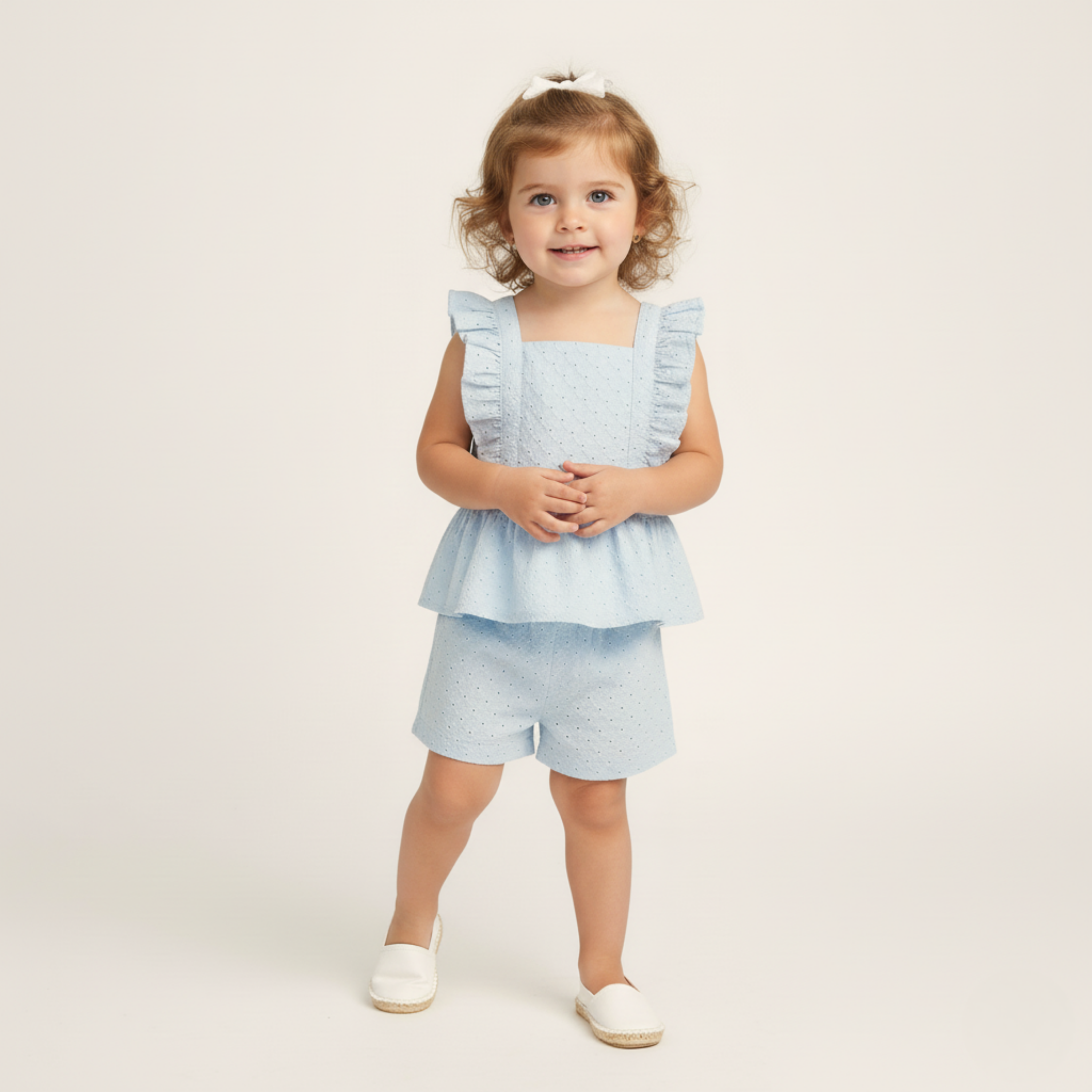 Organic Eyelet Flutter Top And Shorts Set - Light Blue Eyelet - Aaria Tees Aaria Tees