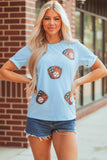 Light Blue Gopher Ball Sequin Patched Casual T Shirt Aaria Tees