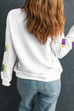 White Sequined Mardi Gras Mask Pattern Drop Shoulder Sweatshirt Aaria Tees