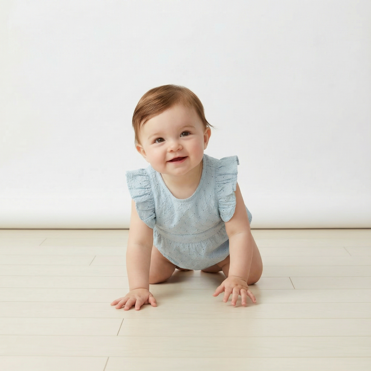 Organic Eyelet Flutter Romper - Light Blue Eyelet - Aaria Tees