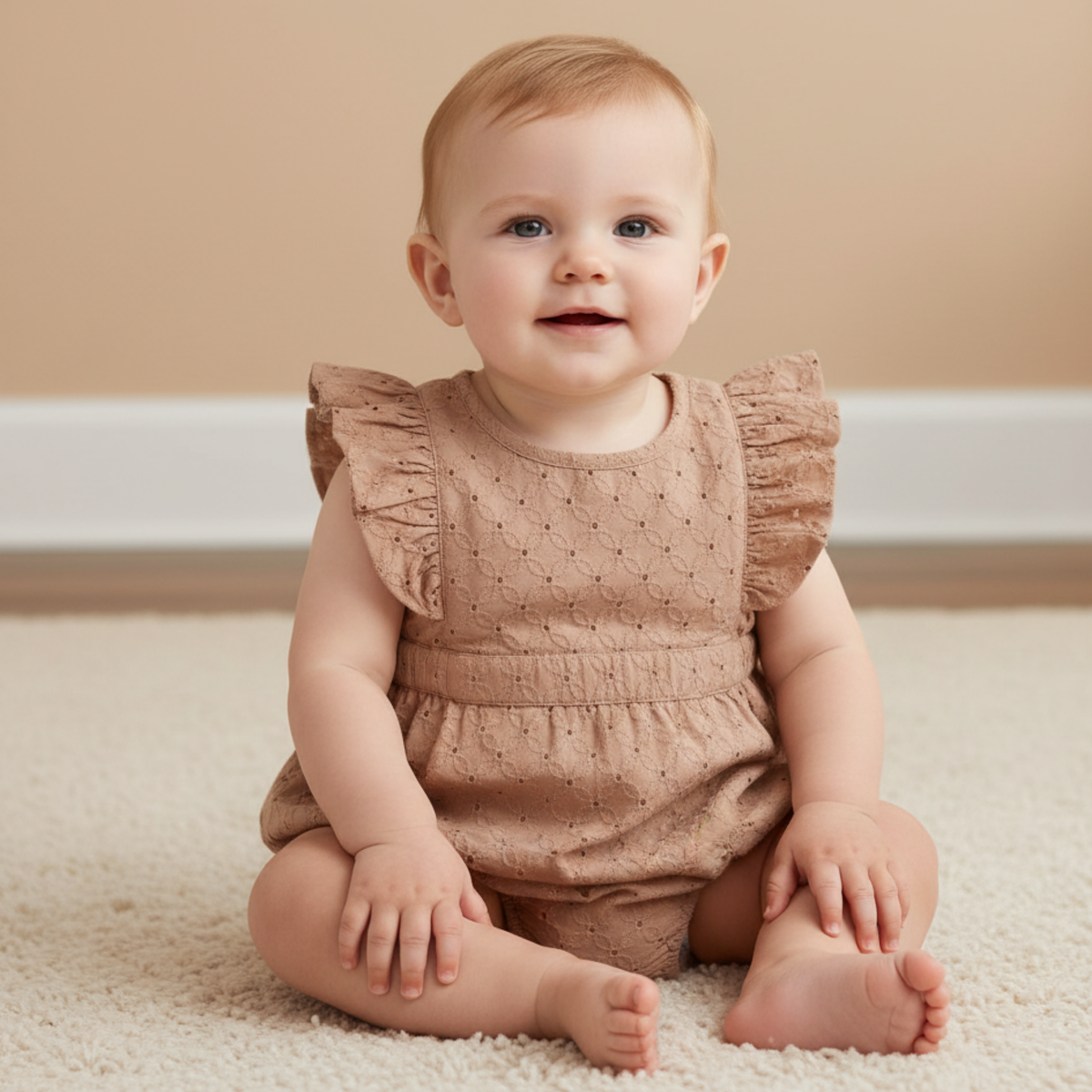 Organic Eyelet Flutter Romper - Clay Eyelet - Aaria Tees