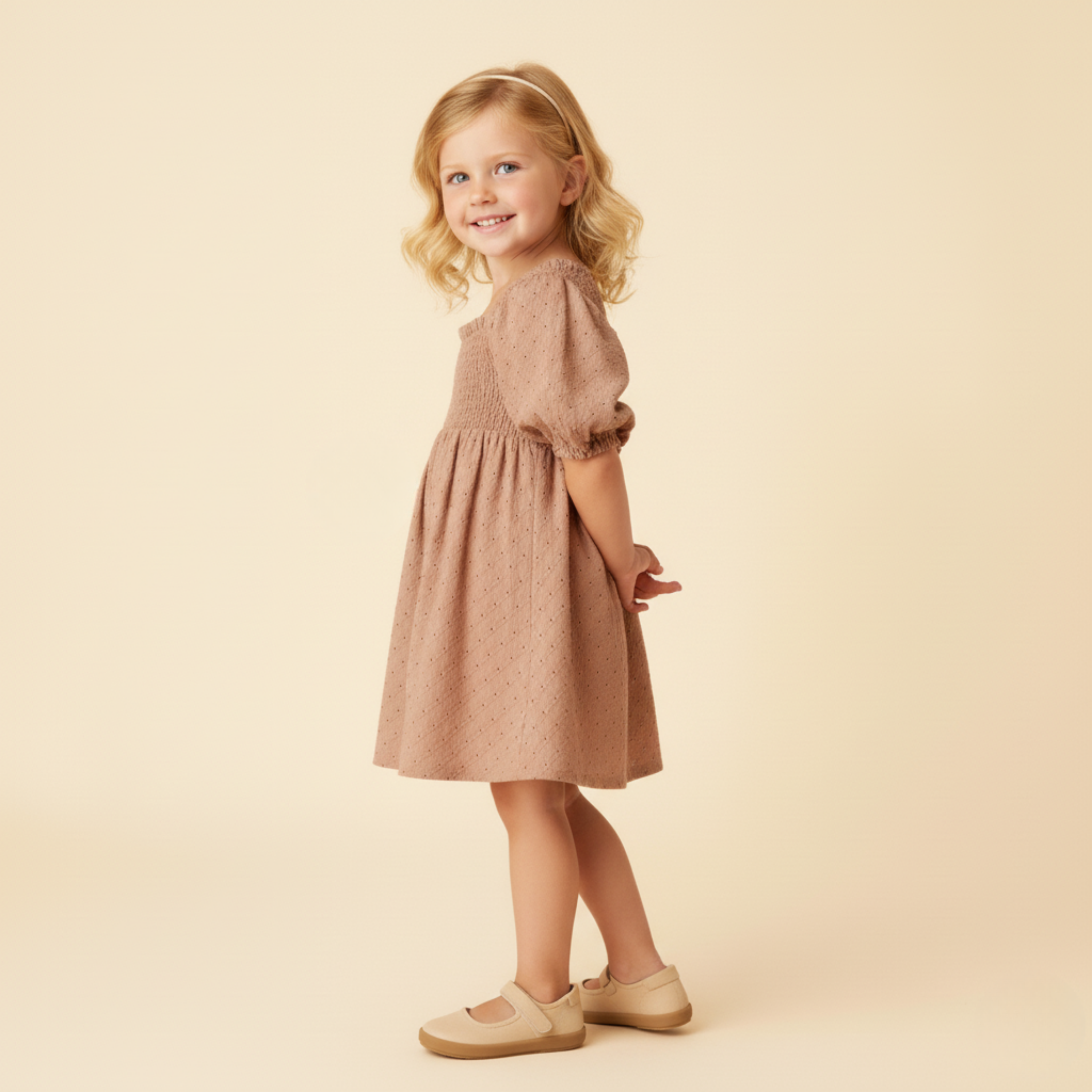Organic Eyelet Bubble Sleeve Dress - Clay Eyelet - Aaria Tees Aaria Tees
