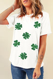 White Sequin Lucky Clover Graphic Crewneck Tee Aaria Tees