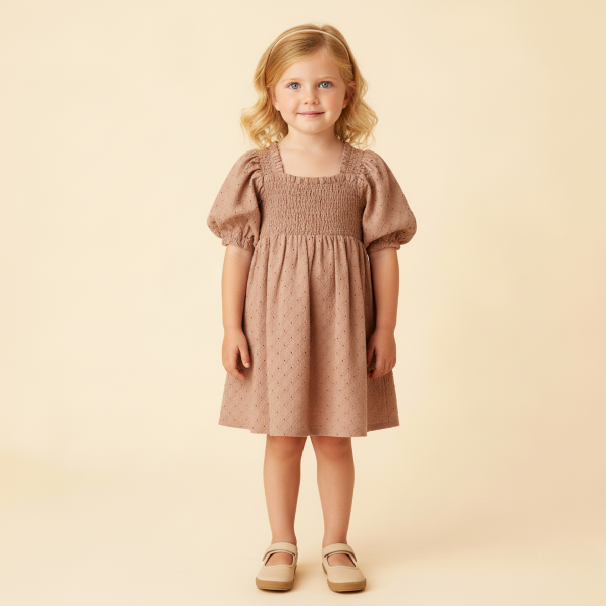 Organic Eyelet Bubble Sleeve Dress - Clay Eyelet - Aaria Tees