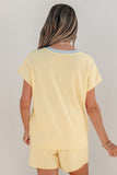 Yellow Cream Ribbed Knit Two Piece Set Sequin Horse Patched Casual Short Set - Aaria Tees Aaria Tees