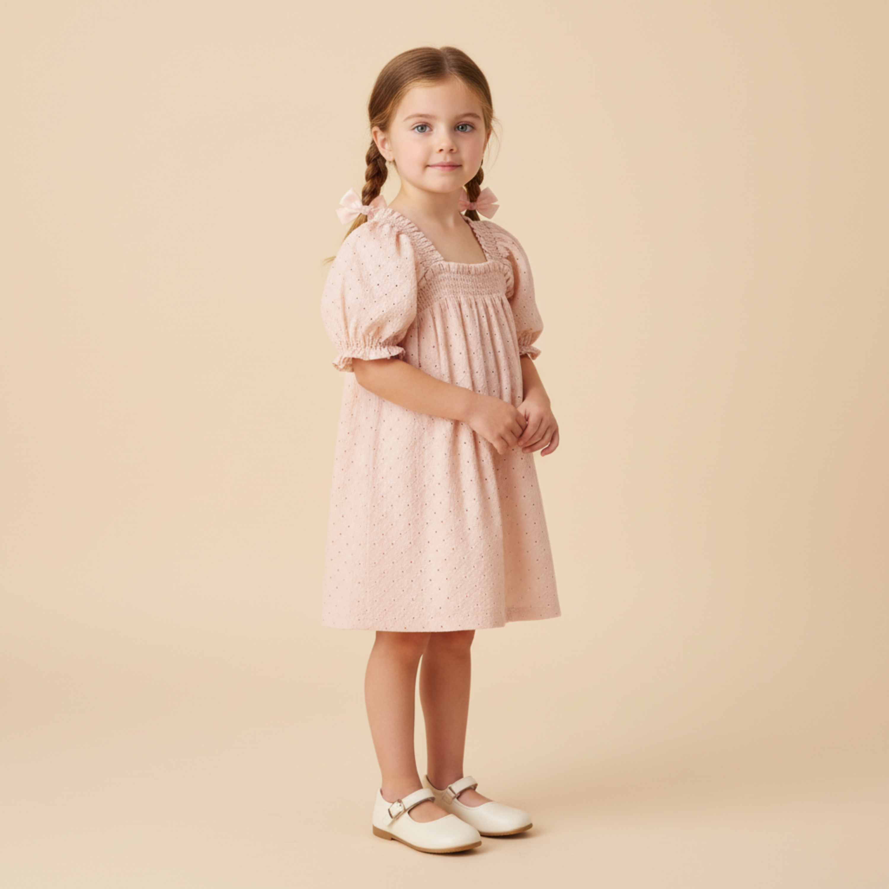 Organic Eyelet Bubble Sleeve Dress - Blush Eyelet - Aaria Tees Aaria Tees
