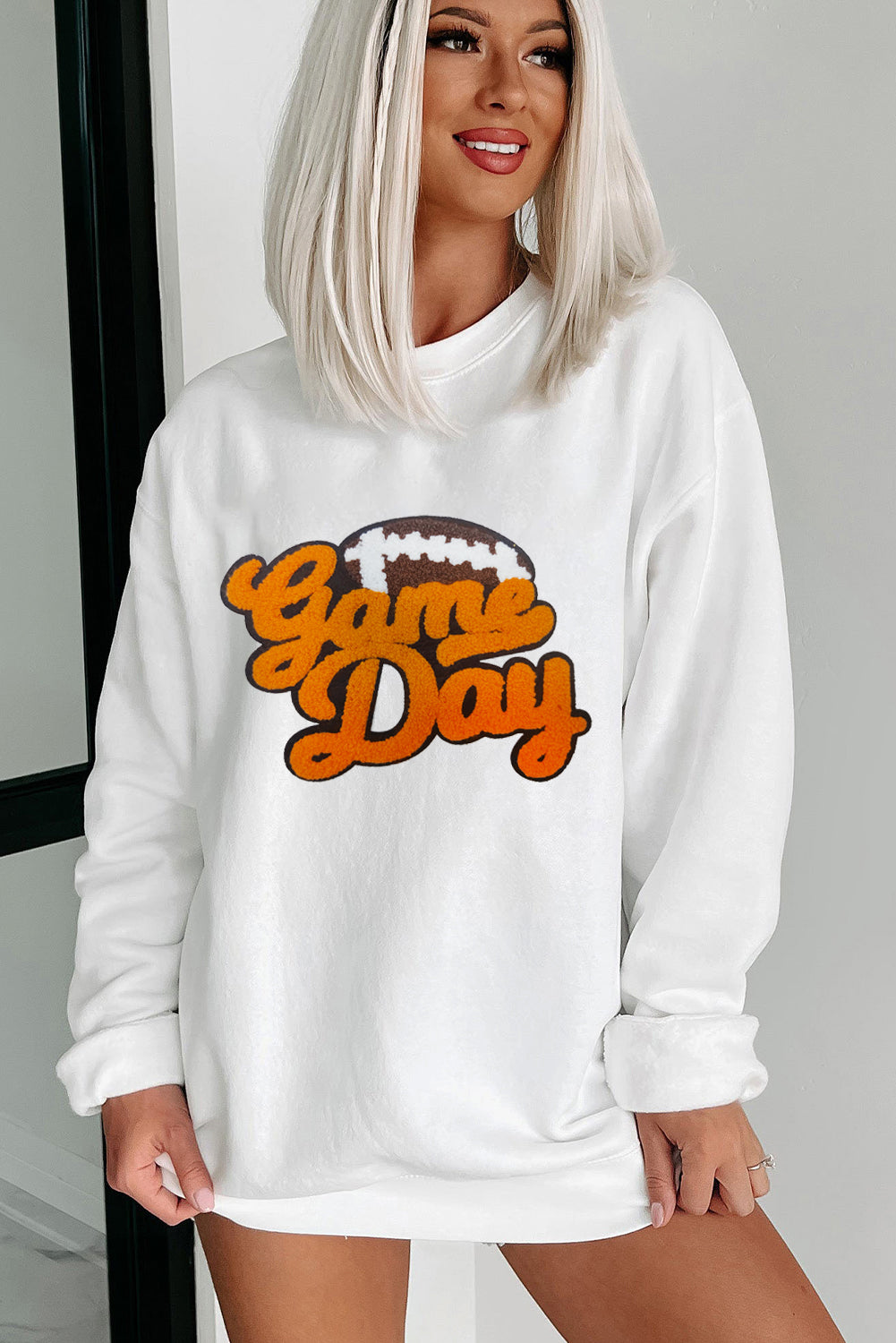 White Chenille Game Day Rugby Football Pattern Pullover Sweatshirt - Aaria Tees Aaria Tees