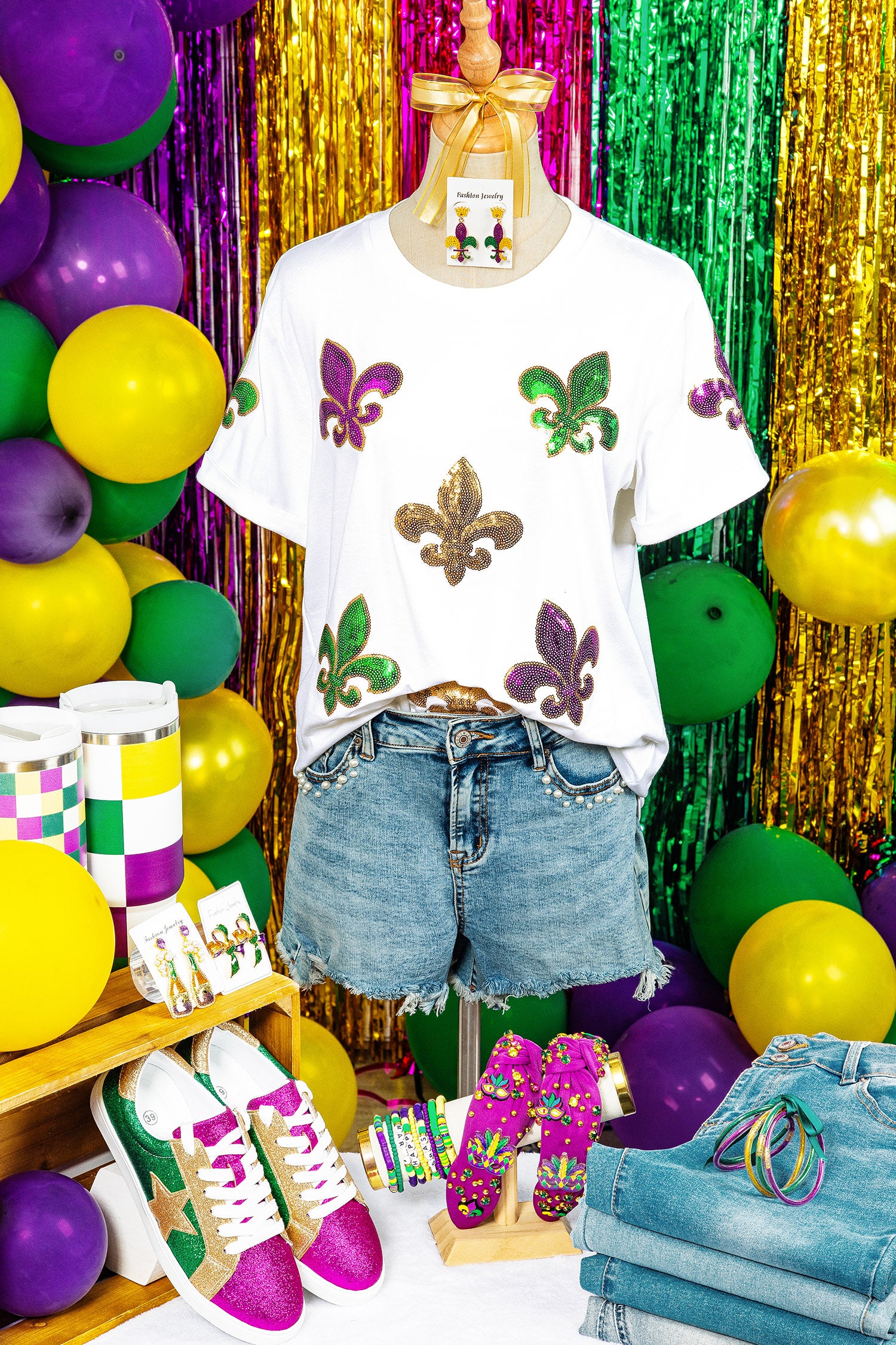 White Mardi Gras Fleur De Lis Sequin Graphic T Shirt - Aaria Tees Aaria Tees