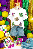 White Mardi Gras Fleur De Lis Sequin Graphic T Shirt - Aaria Tees Aaria Tees