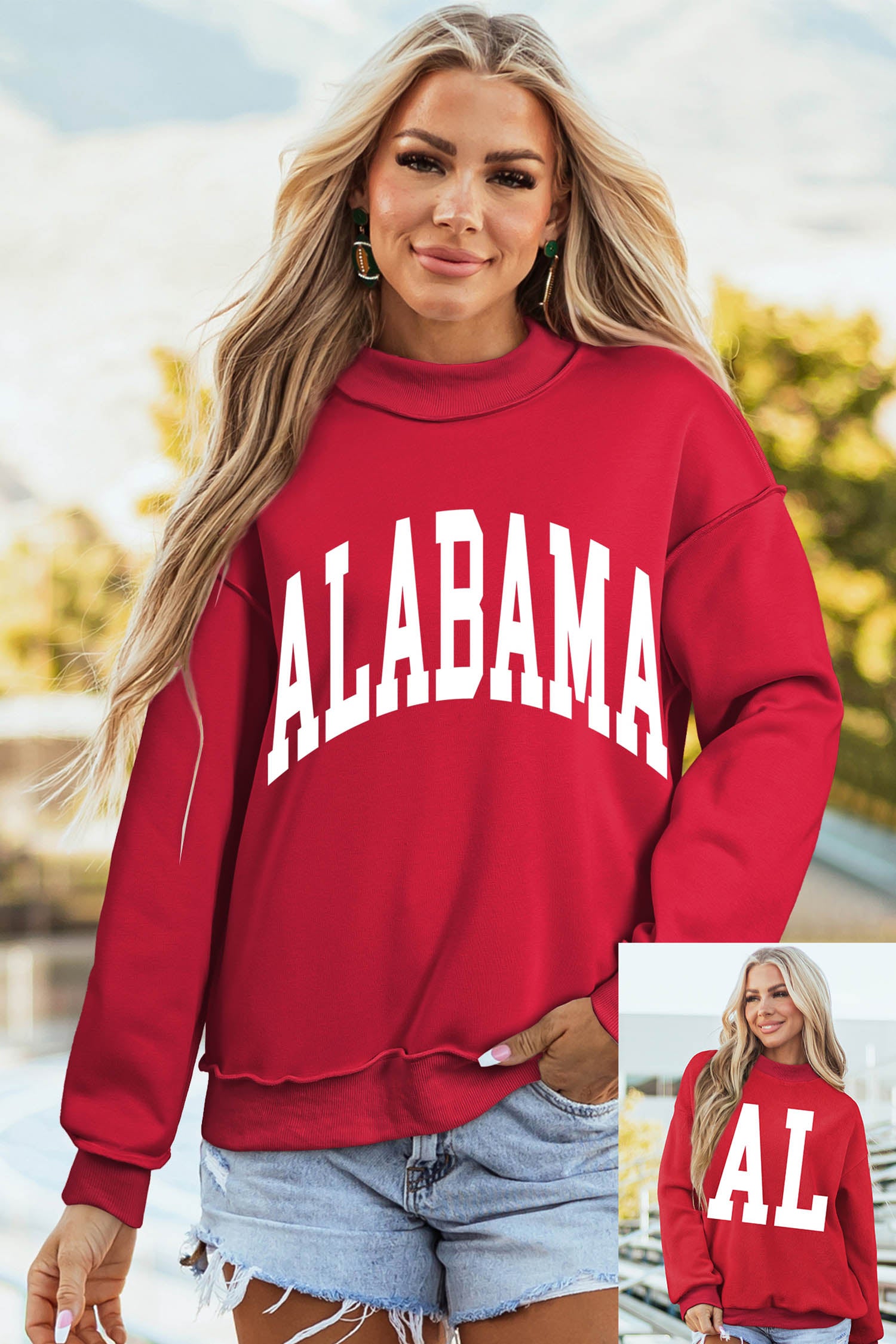Racing Red ALABAMA/ AL Double Side Printed High Neck Reversible Baggy Sweatshirt - Aaria Tees Aaria Tees