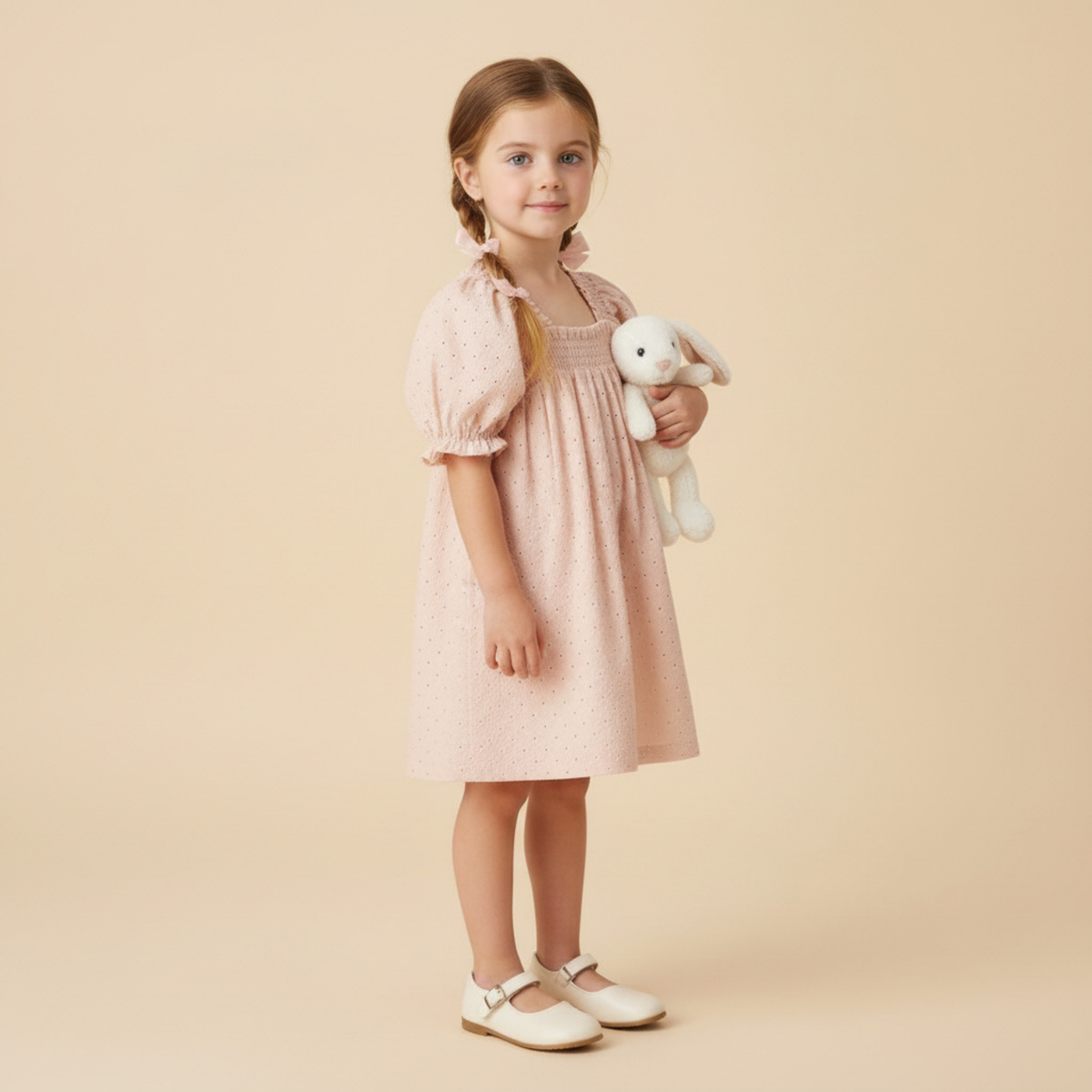 Organic Eyelet Bubble Sleeve Dress - Blush Eyelet - Aaria Tees