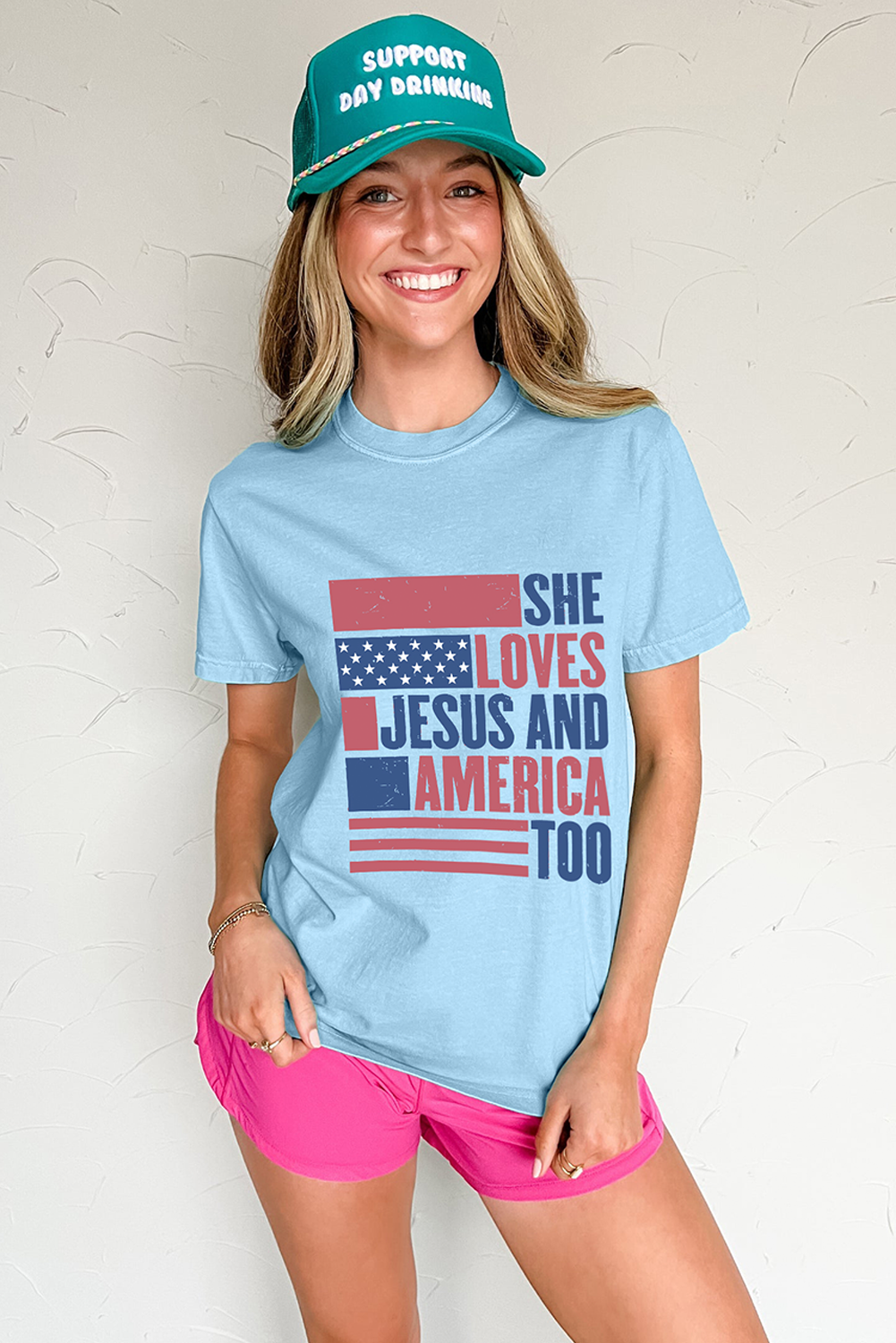 Light Blue SHE LOVES JESUS AND AMERICA TOO Flag Graphic T Shirt - Aaria Tees Aaria Tees