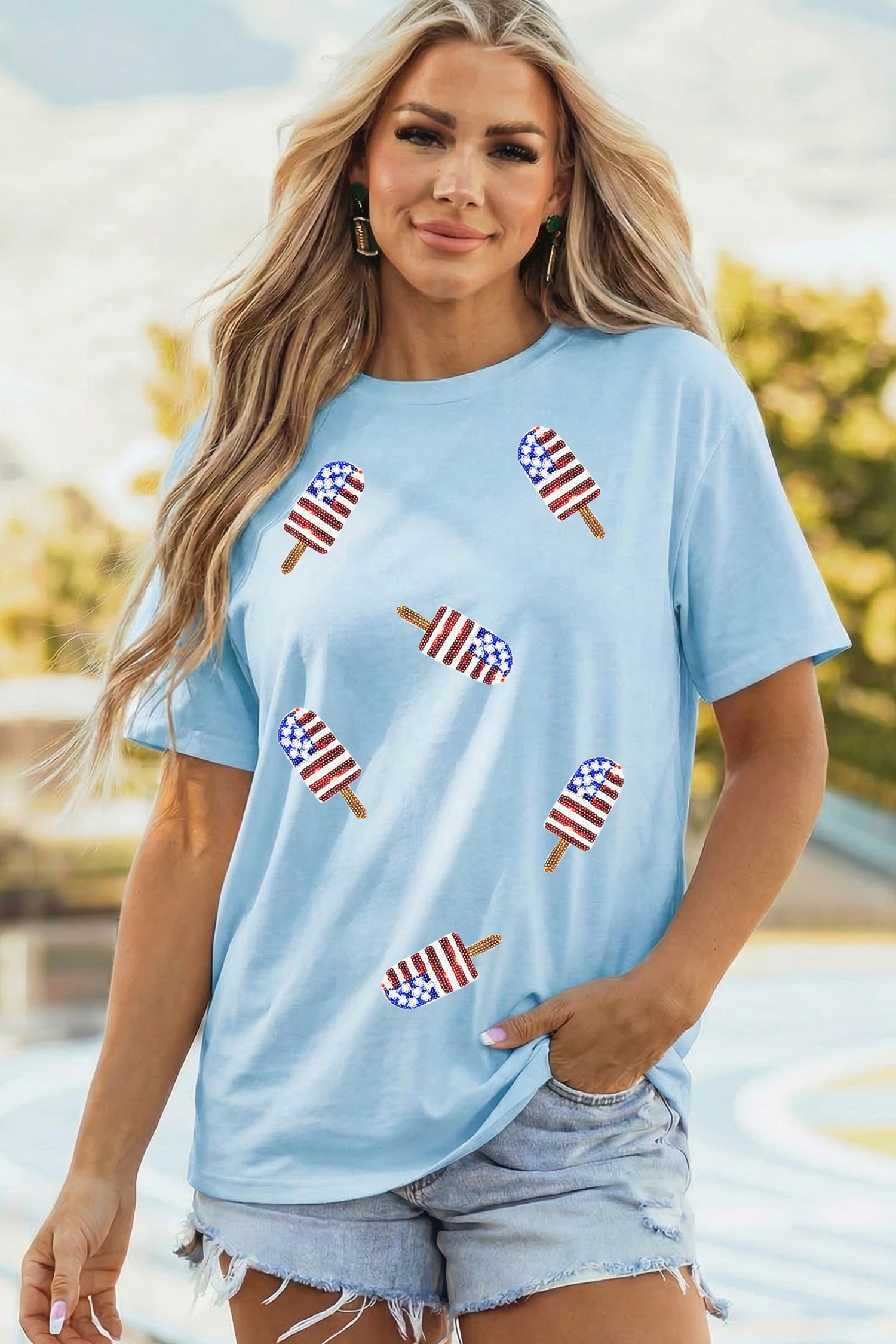 Light Blue Patriotic Sequin Popsicle T Shirt - Aaria Tees Aaria Tees