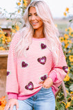 Pink Stripe Sequin Heart Patched Pattern Long Sleeve Valentines Top - Aaria Tees Aaria Tees