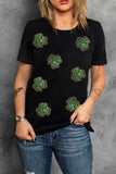 Black Sequin Leopard Clover Graphic Crewneck St Patrick Tee Aaria Tees