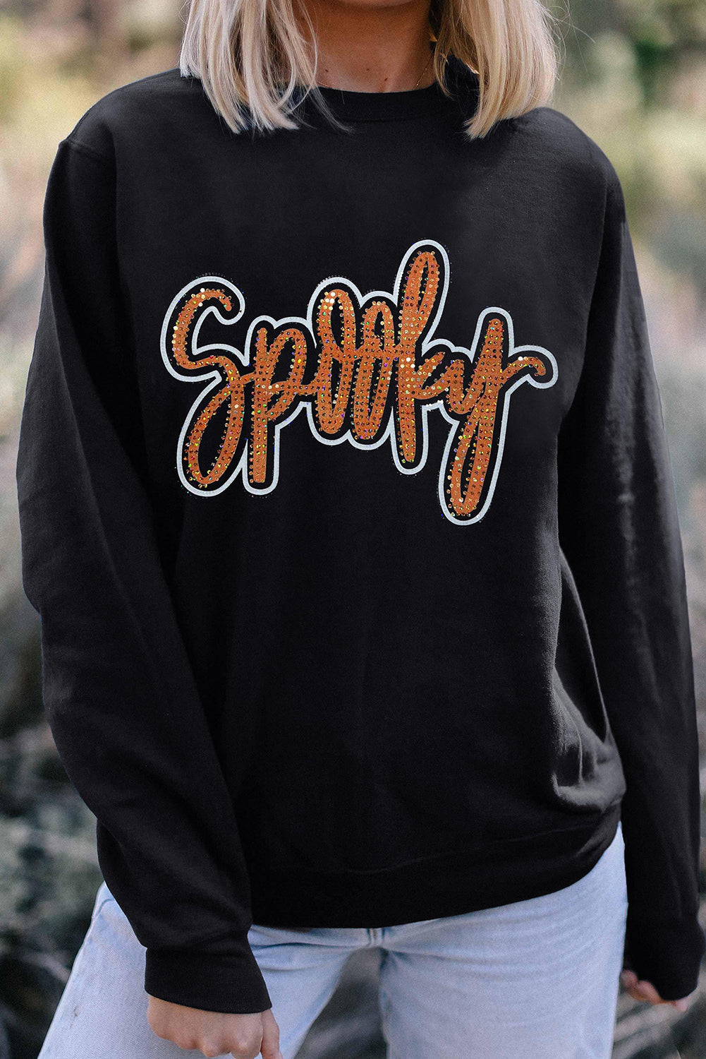 Black Spooky Rhinestone Drop Shoulder Graphic Sweatshirt - Aaria Tees Aaria Tees