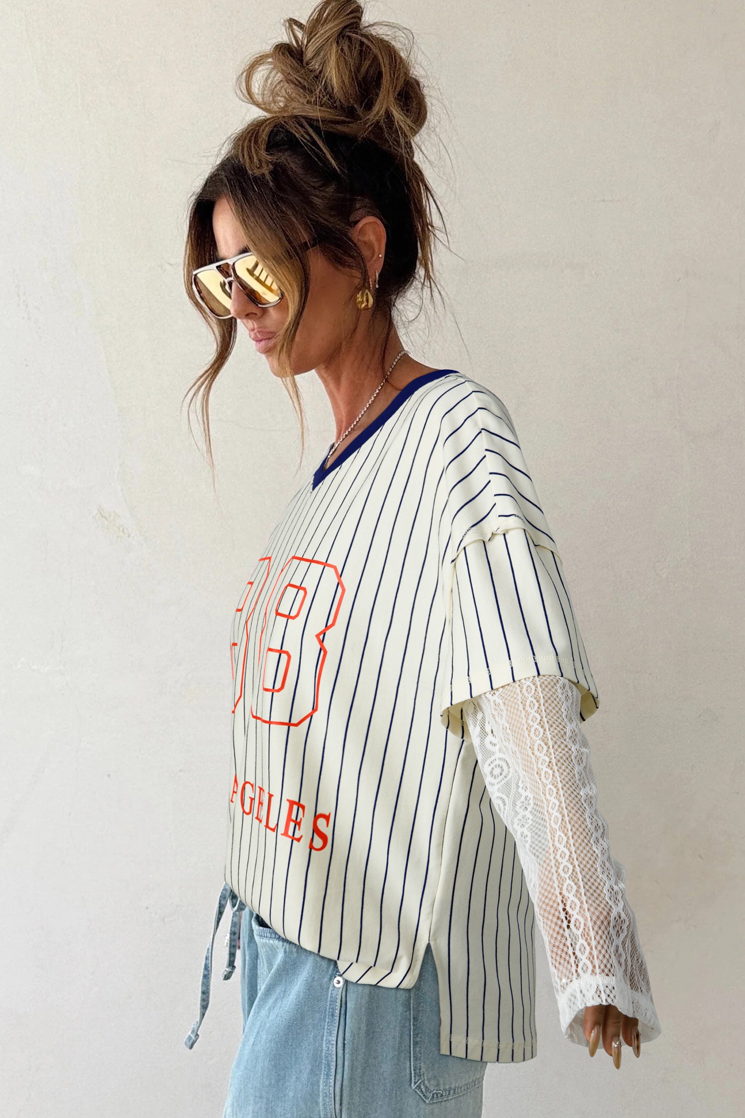 Blue Stripe 88 LOS ANGEL Graphic Lace Patchwork Faux Two Piece V Neck Top - Aaria Tees Aaria Tees
