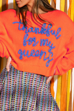 Vitality Orange Thankful for my queens Ribbed Knit Drop Shoulder Graphic Sweater Aaria Tees