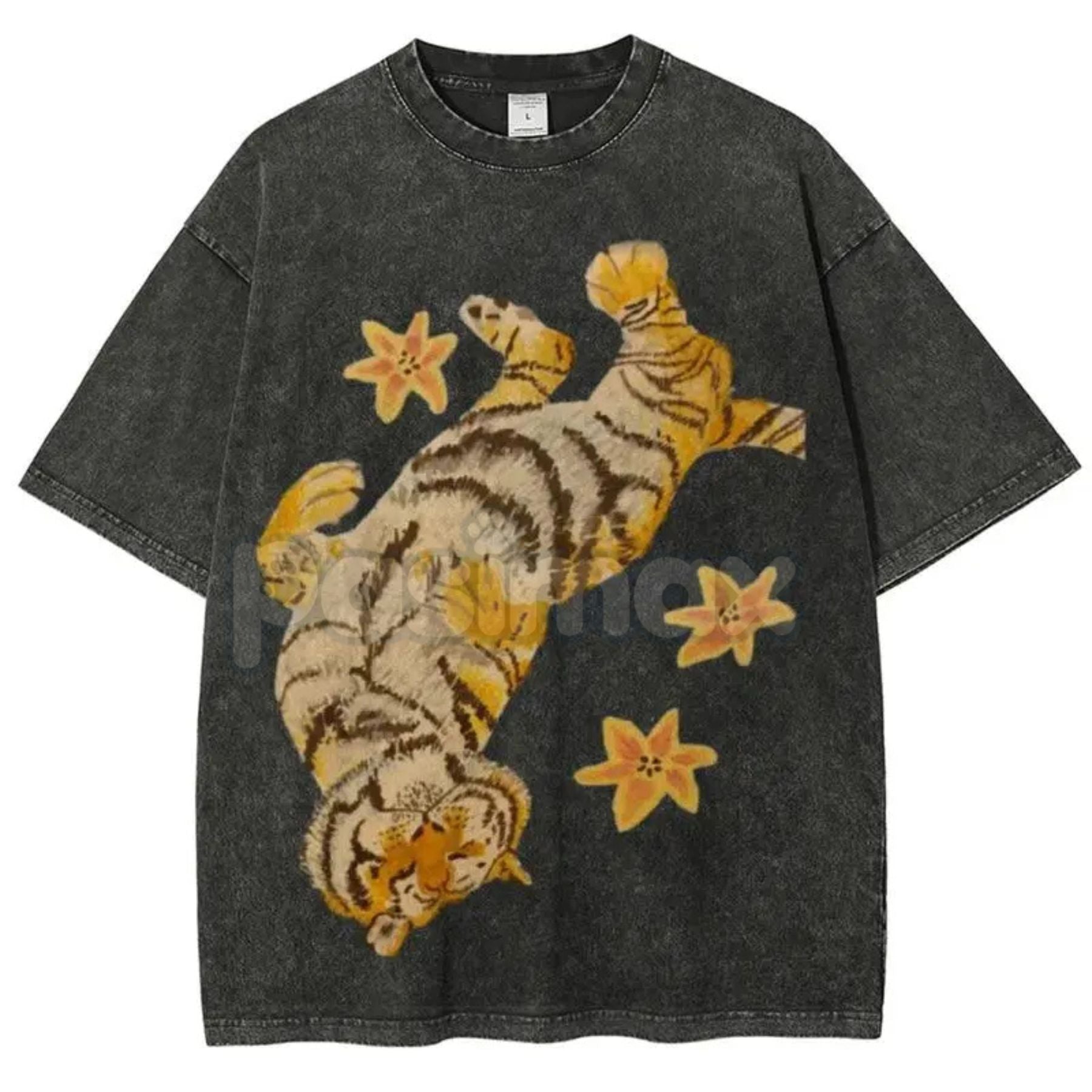 Lazy Tiger Unisex Vintage Washed Tee – Oversized Animal Graphic Shirt, Chill Streetwear - Aaria Tees Aaria Tees