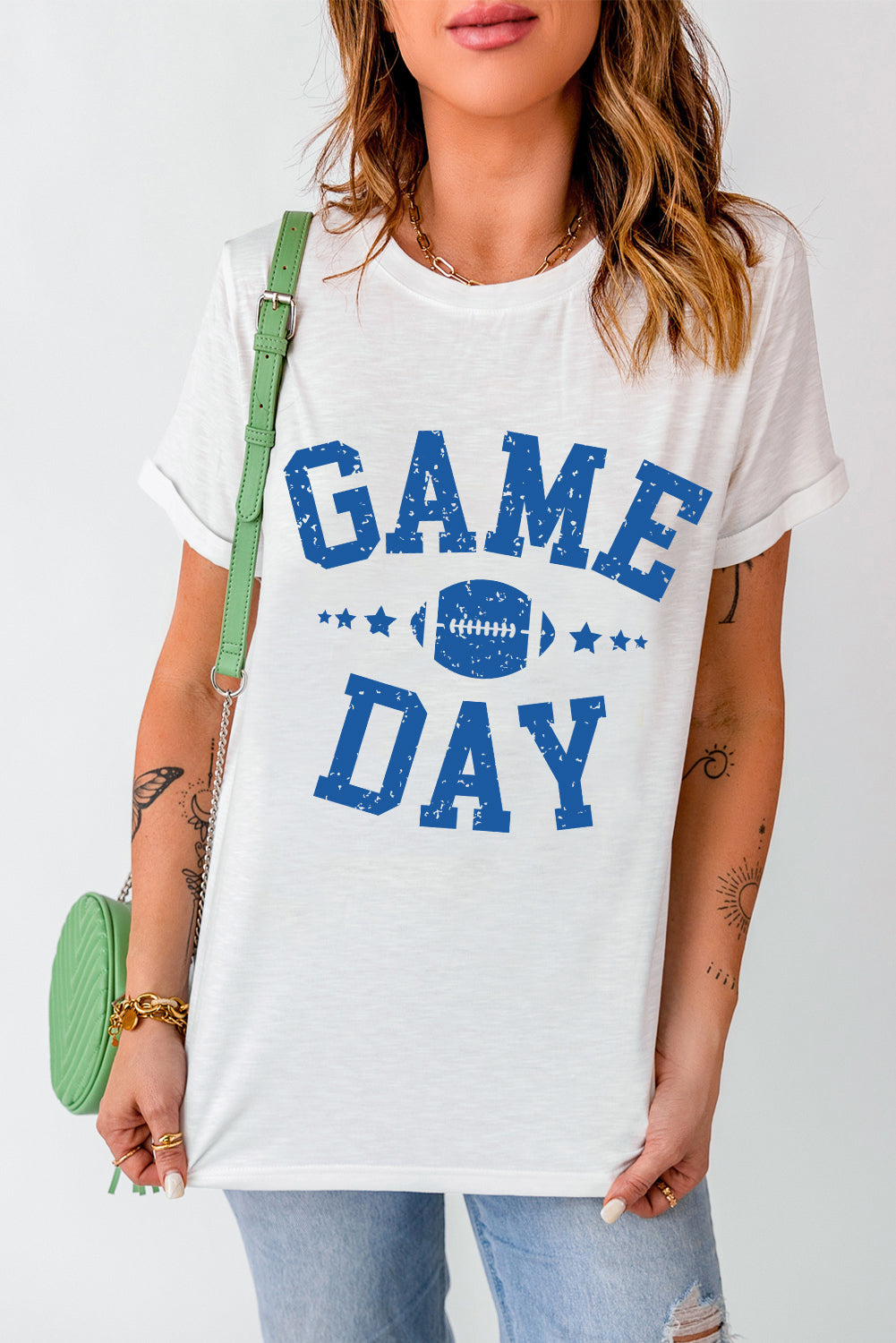 White GAME DAY Rugby Football Graphic Crewneck T Shirt - Aaria Tees Aaria Tees
