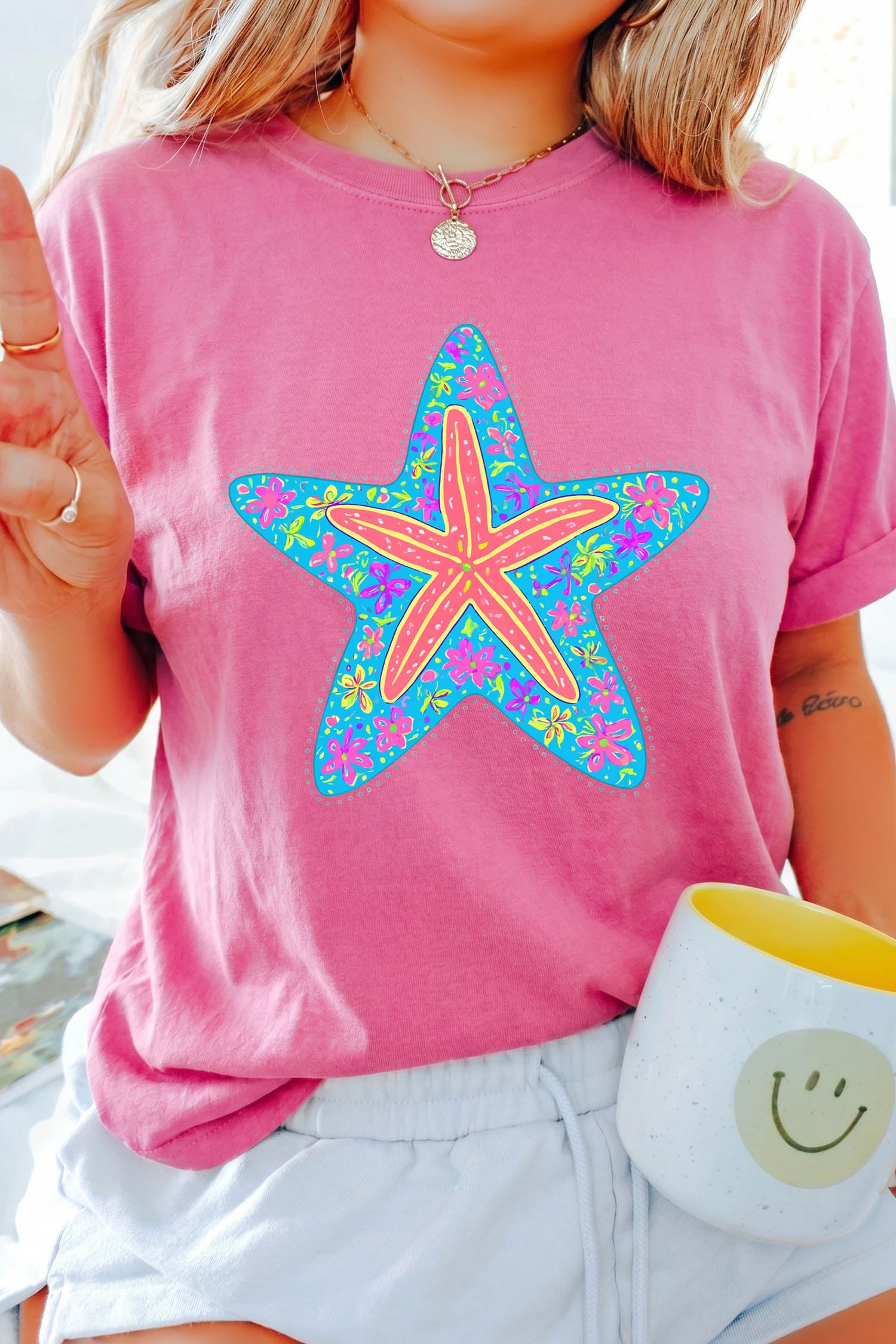 Sachet Pink Floral Starfish Printed Casual Round Neck Tee - Aaria Tees Aaria Tees