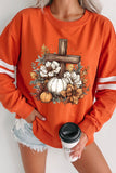 Orange Thanksgiving Floral Pumpkin Cross Print Banded Sleeve Graphic Sweatshirt Aaria Tees
