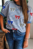 Sky Blue Stripe Patriotic Sequin Bow Graphic Short Puff Sleeve Top Aaria Tees