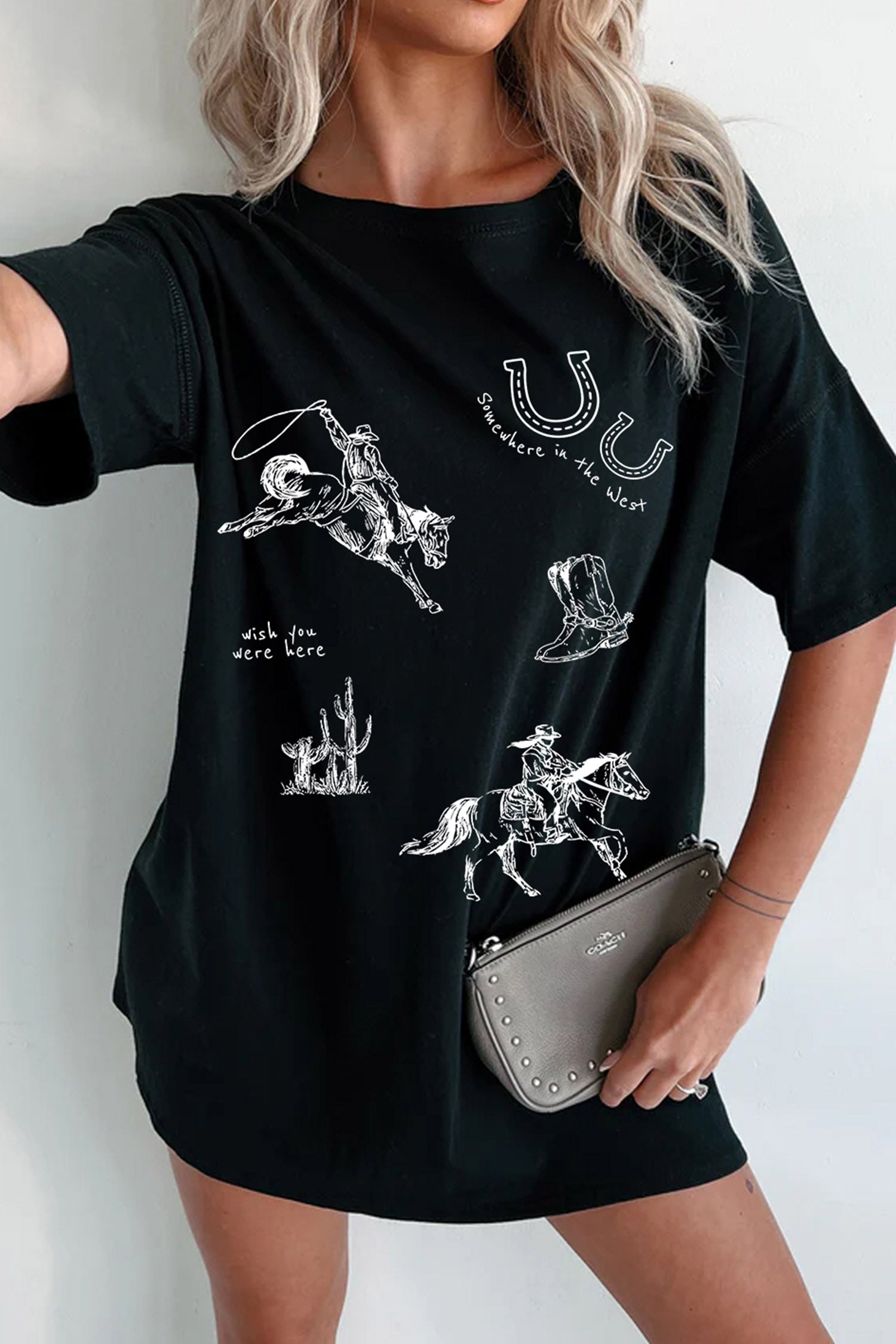 Black Western Cowboy Print Oversized Tunic Tee - Aaria Tees Aaria Tees