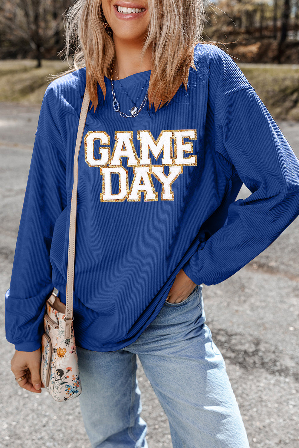 Dark Blue GAME DAY Glitter Detail Ribbed Drop Shoulder Sweatshirt - Aaria Tees Aaria Tees