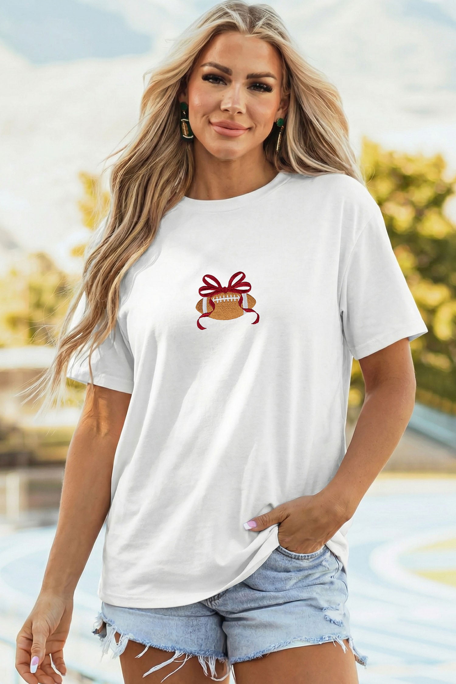 White Embroidered Bow Rugby Graphic Casual T-Shirt - Aaria Tees Aaria Tees