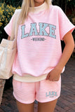 Pink Stripe Contrast Trim High Neck Short Sleeve LAKE WEEKEND 2pcs Short Set Aaria Tees