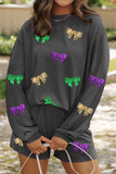 Carbon Grey Bowknot Patched Pattern Corded Long Sleeve Top and Shorts Outfit Aaria Tees