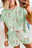 Clearly Aqua Sequin Mallard Print Ribbed 2pcs Casual Short Set Aaria Tees