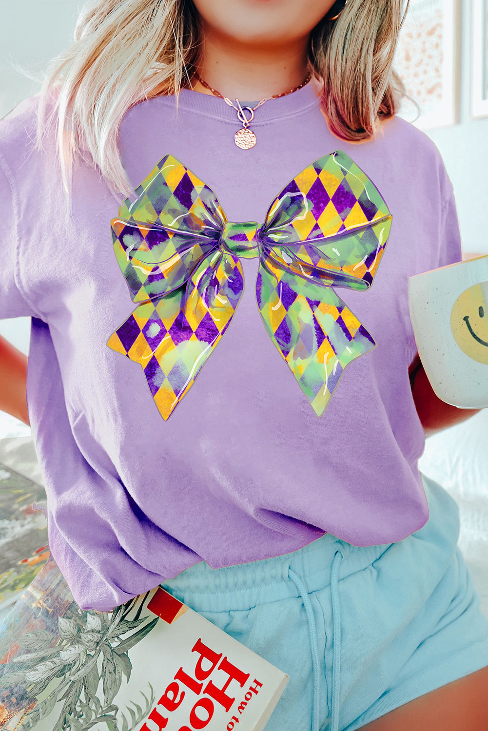 Wisteria Mardi Gras Bowknot Pattern Crew Neck T Shirt - Aaria Tees Aaria Tees