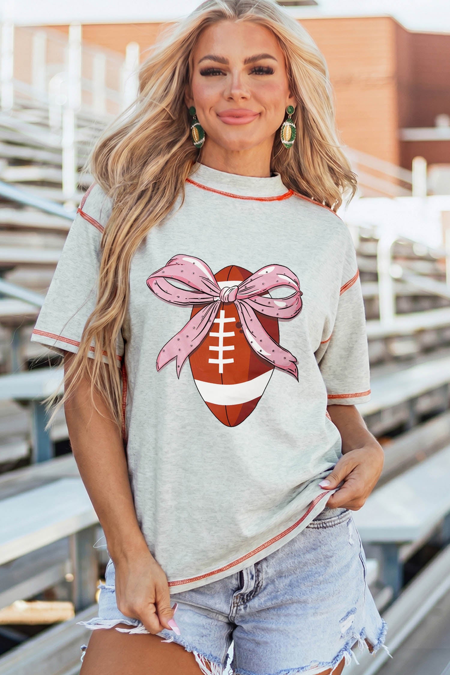 Light Grey Sweet Bow Rugby Football Graphic Contrast Stitched Tee - Aaria Tees Aaria Tees