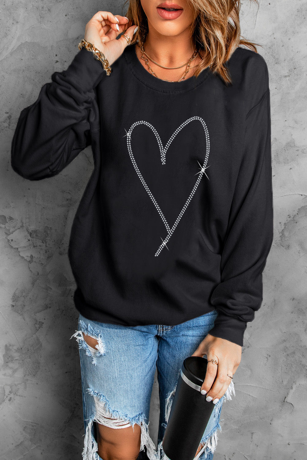 Black Rhinestone Heart Pattern Valentines Fashion Sweatshirt - Aaria Tees Aaria Tees