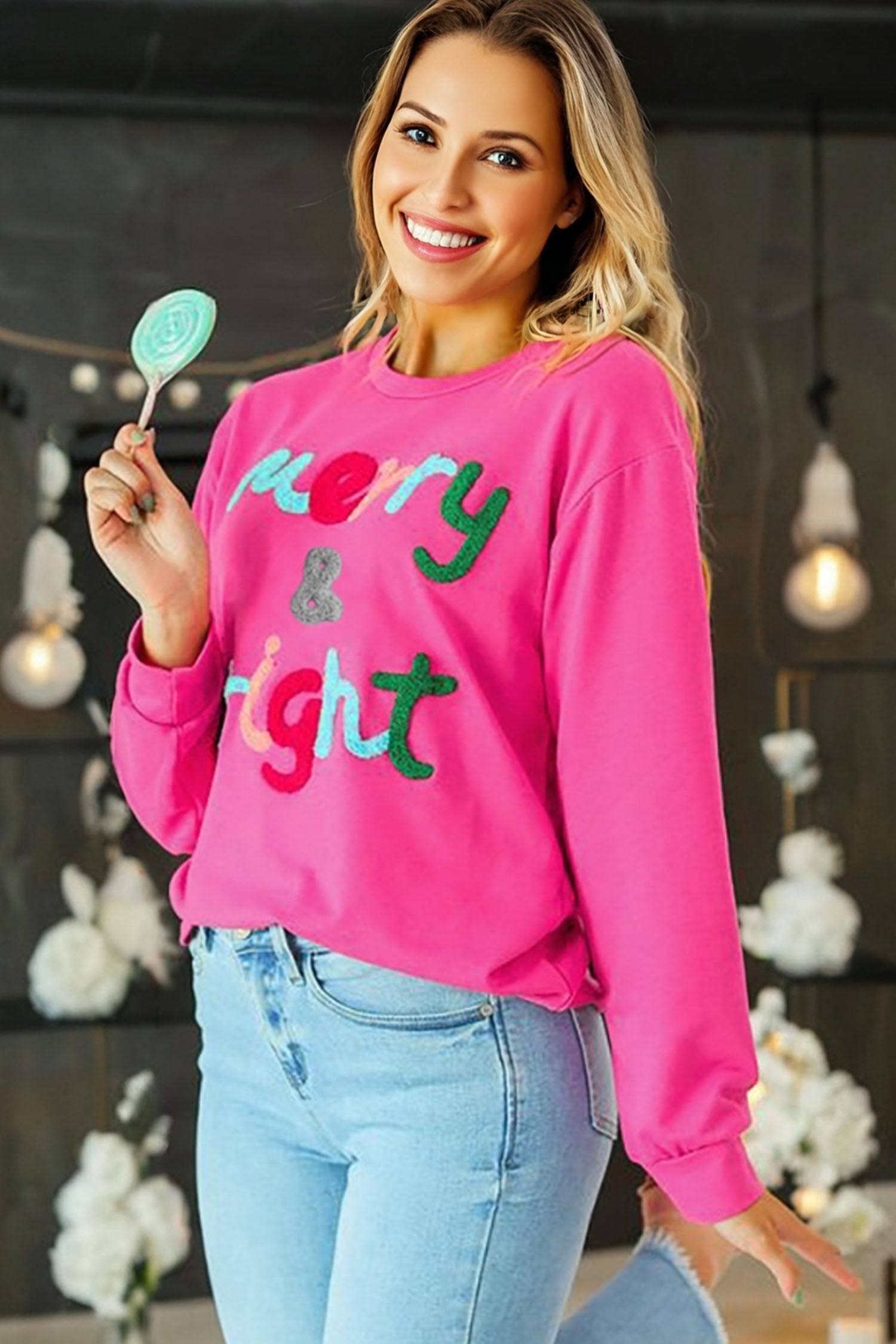 Rose Red Merry & Bright Christmas Letter Graphic Sweatshirt - Aaria Tees Aaria Tees