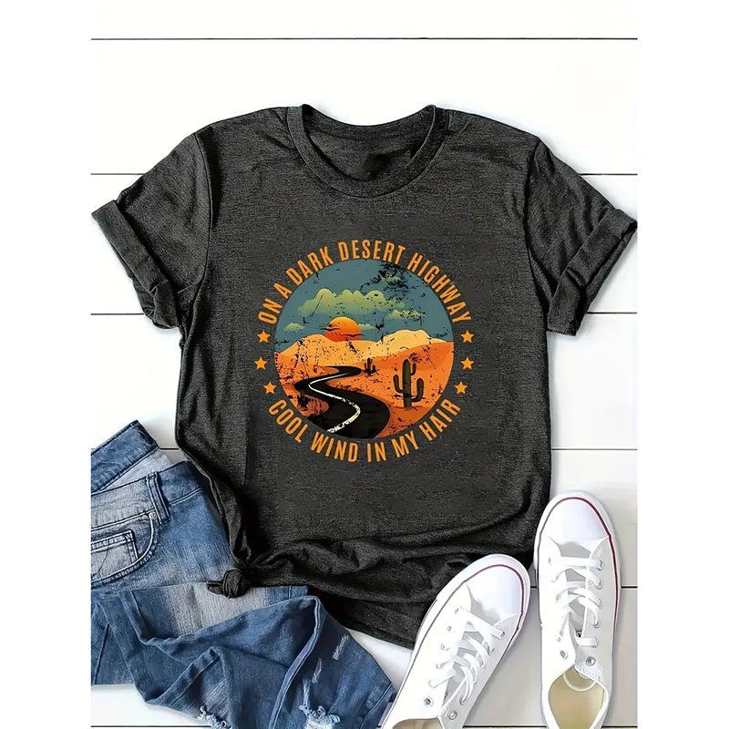 Retro Desert Highway T-Shirt - Casual Short Sleeve Tee Tops - Aaria Tees Aaria Tees