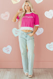 Bright Pink XOXO Embroidered Graphic Valentines Contrast Trim Crew Neck Short Puff Sleeve Sweater Tee - Aaria Tees Aaria Tees