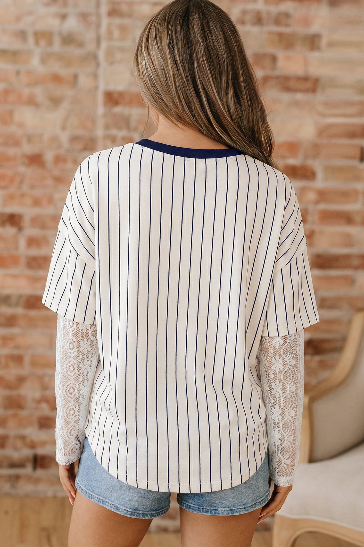 Blue Stripe 88 LOS ANGEL Graphic Lace Patchwork Faux Two Piece V Neck Top - Aaria Tees Aaria Tees