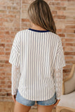 Blue Stripe 88 LOS ANGEL Graphic Lace Patchwork Faux Two Piece V Neck Top - Aaria Tees Aaria Tees