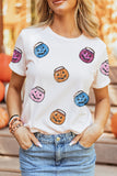 White Sequin Pumpkin Face Patched Crew Neck Holiday T Shirt Aaria Tees