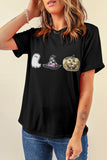 Black Halloween Sequin Pattern Patched Crewneck Tee - Aaria Tees Aaria Tees